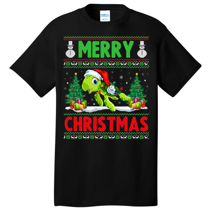 Sea Turtle Christmas Lights With Santa Hat Merry C Basic T-shirt | Artistshot