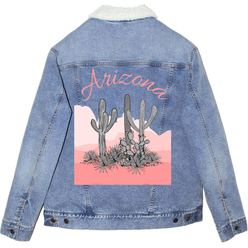 Saguaro Cactus Arizona Desert Scene Coral Pink Unisex Sherpa-lined Denim Jacket | Artistshot