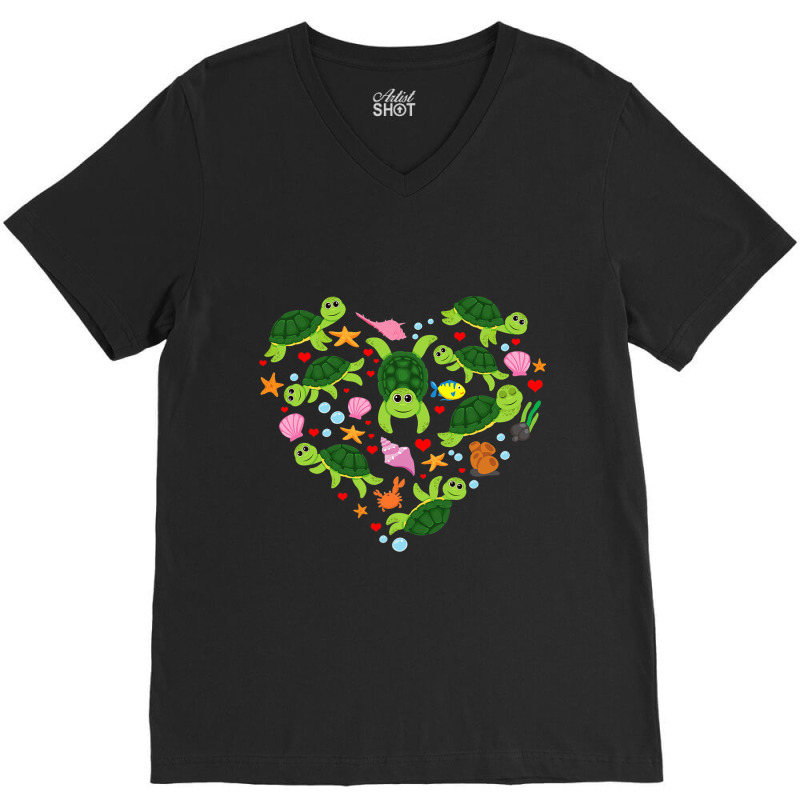 Sea Turtle Heart Valentines Day Cute Boys Girls Ki V-Neck Tee by JanChao | Artistshot