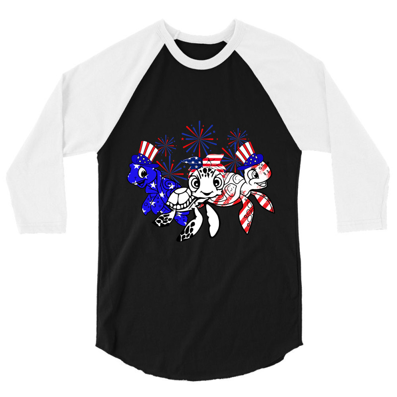 Sea Turtle American Flag Firework 4th Of July 3/4 Sleeve Shirt by StevieDerry | Artistshot