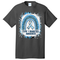 Type 1 Diabetes Awareness Month Bleached Rainbow Blue Ribbon Basic T-shirt | Artistshot