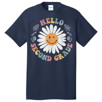 Hello Second 2nd Grade Smile Teacher Flower Groovy Basic T-shirt | Artistshot