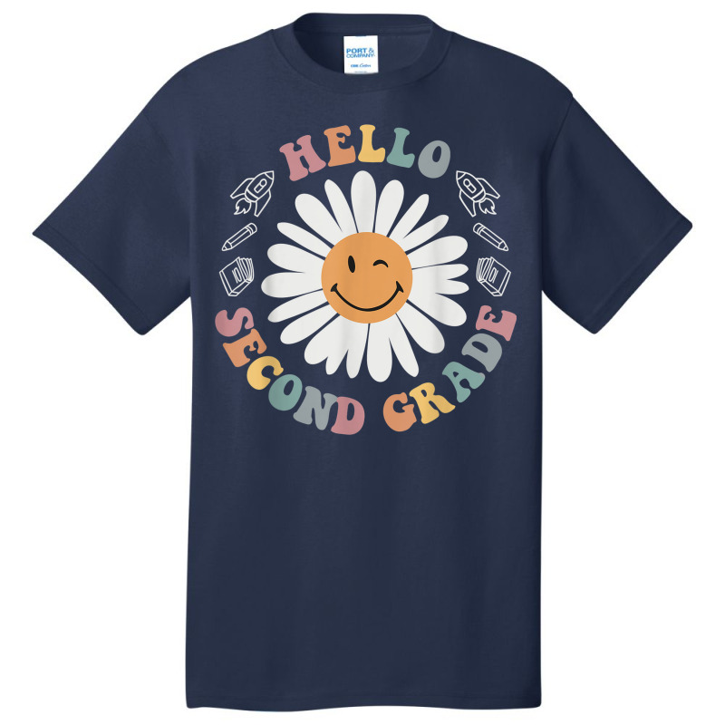 Hello Second 2nd Grade Smile Teacher Flower Groovy Basic T-shirt by Sapphire | Artistshot