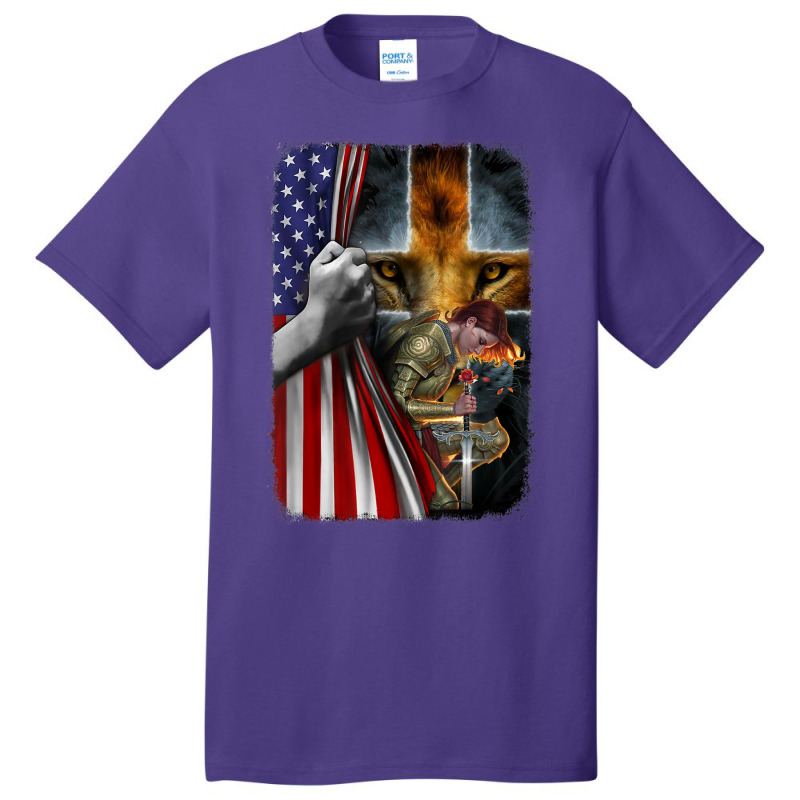 Woman Warrior Of Christian Jesus Lion American Cross Flag Basic T-shirt | Artistshot