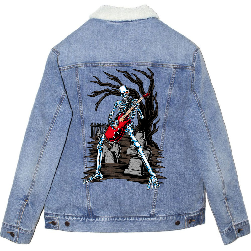 Skeleton Playing Guitar Electric Acoustic Hallowee Unisex Sherpa-Lined Denim Jacket by KeziahSingleta | Artistshot