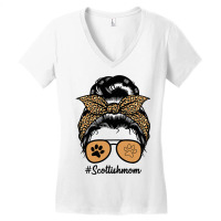 Scottish Terrier Dog Mom Messy Hair Bun Leopard Women's V-neck T-shirt | Artistshot