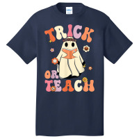 Retro Groovy Trick Or Teach Halloween Floral Ghost Teacher Basic T-shirt | Artistshot