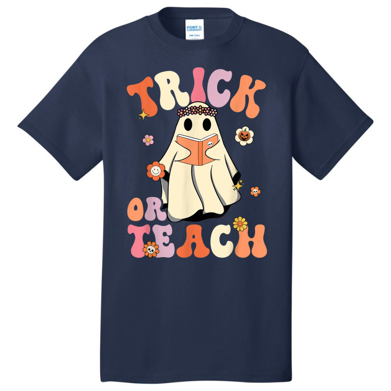 Retro Groovy Trick Or Teach Halloween Floral Ghost Teacher Basic T-shirt | Artistshot