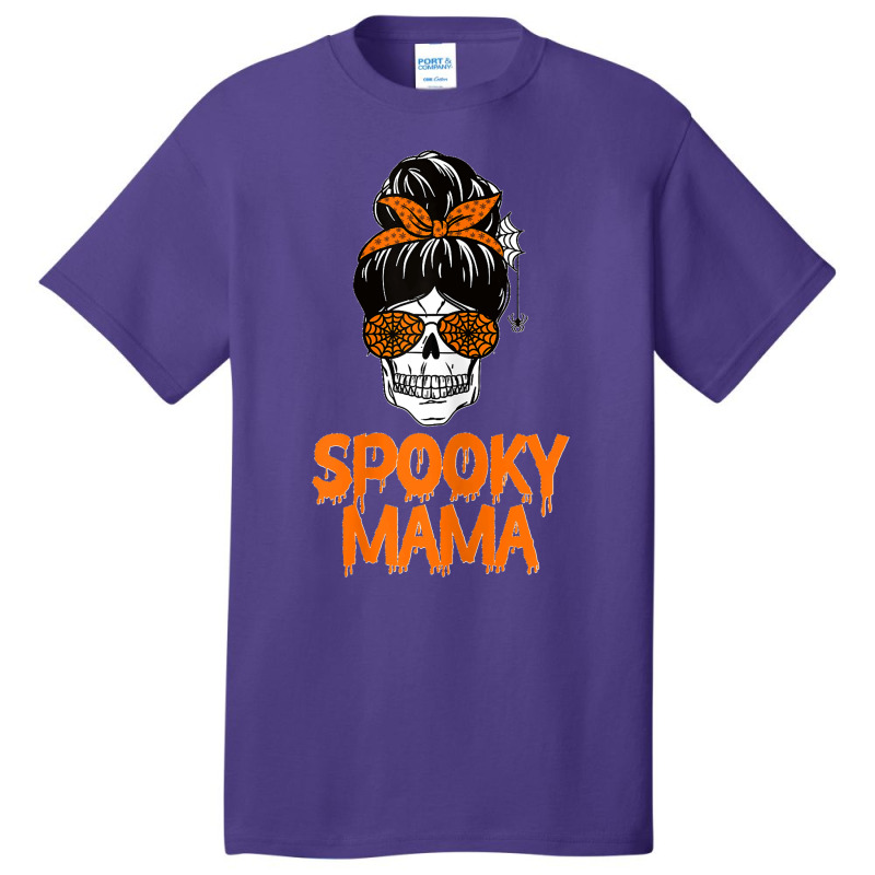 Womens Spooky Mama Lazy Halloween Costume Skull Messy Bun Basic T-shirt | Artistshot