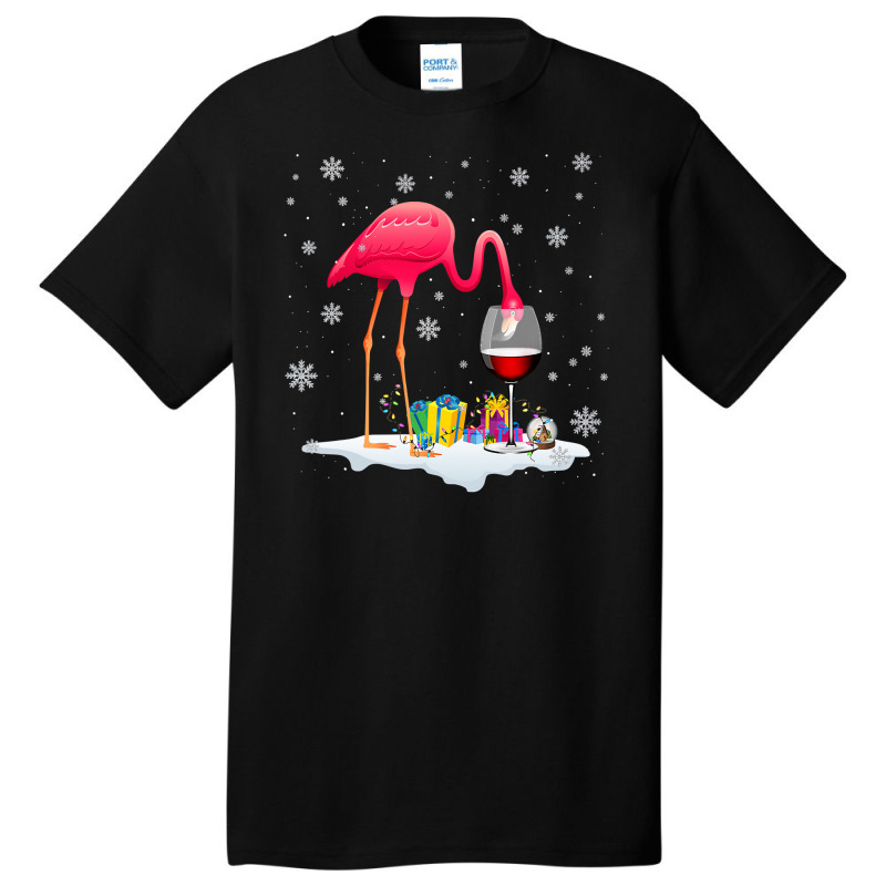 Flamingo Tropical Funny Pink Flamingo Drink Wine On Christmas Xmas 497 Basic T-shirt by coolquirrell | Artistshot