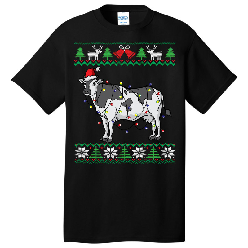 Cow Santa Claus & Lights Funny Dairy Farmer Ugly Christmas Sweatshirt Basic T-shirt | Artistshot