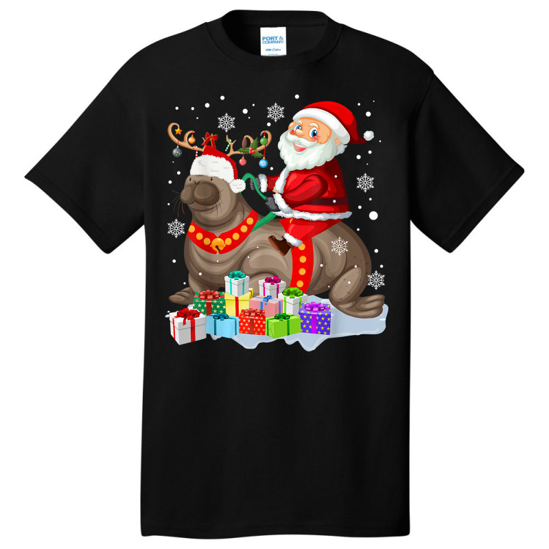 Sea Lion Xmas Matching Funny Santa Riding Sea Lion Christmas T Shirt Basic T-shirt by cm-arts | Artistshot