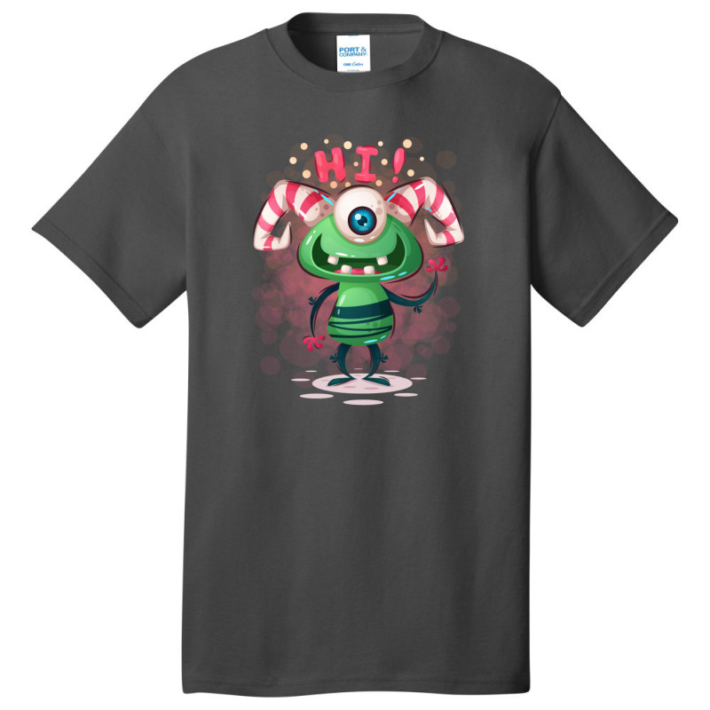 Cartoon Cute Happy Green One Eyed Horned Monster Basic T-shirt | Artistshot