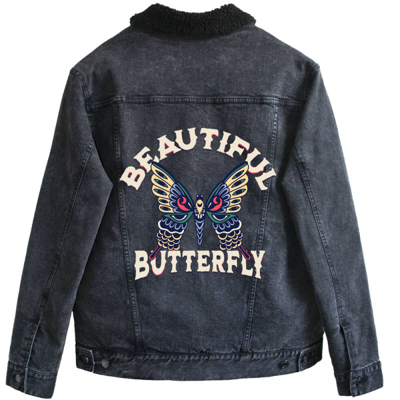 Beautiful Butterfly Retro Vector Art Illustration Unisex Sherpa-lined Denim Jacket | Artistshot