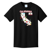 Map Of California Landmarks, Major Cities, Flag Basic Youth T-shirt | Artistshot