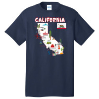 Map Of California Landmarks, Major Cities, Flag Basic T-shirt | Artistshot