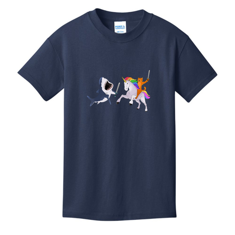 Funny Cat Riding Magical Unicorn Sword Fighting Shark Basic Youth T-shirt by yumgaugeteuda | Artistshot