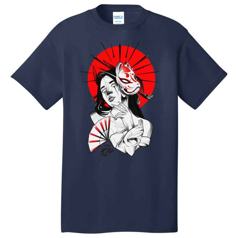 Japanese Geisha Samurai Fox Mask Red Sun Basic T-shirt | Artistshot