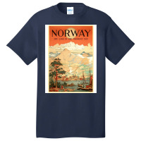 Norway The Land Of The Midnight Sun Vintage Travel  Design  Red Nature Basic T-shirt | Artistshot