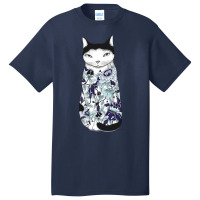 Cat In Blue Peony Tattoo Basic T-shirt | Artistshot