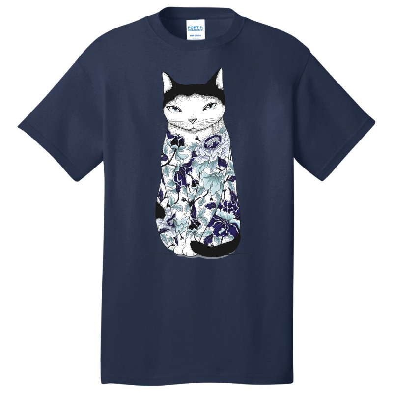 Cat In Blue Peony Tattoo Basic T-shirt | Artistshot