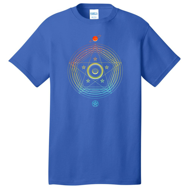 Neon Geometric Glyph Mandala Sigil Rune Sign Seal Cyan Red And Yellow Basic T-shirt | Artistshot