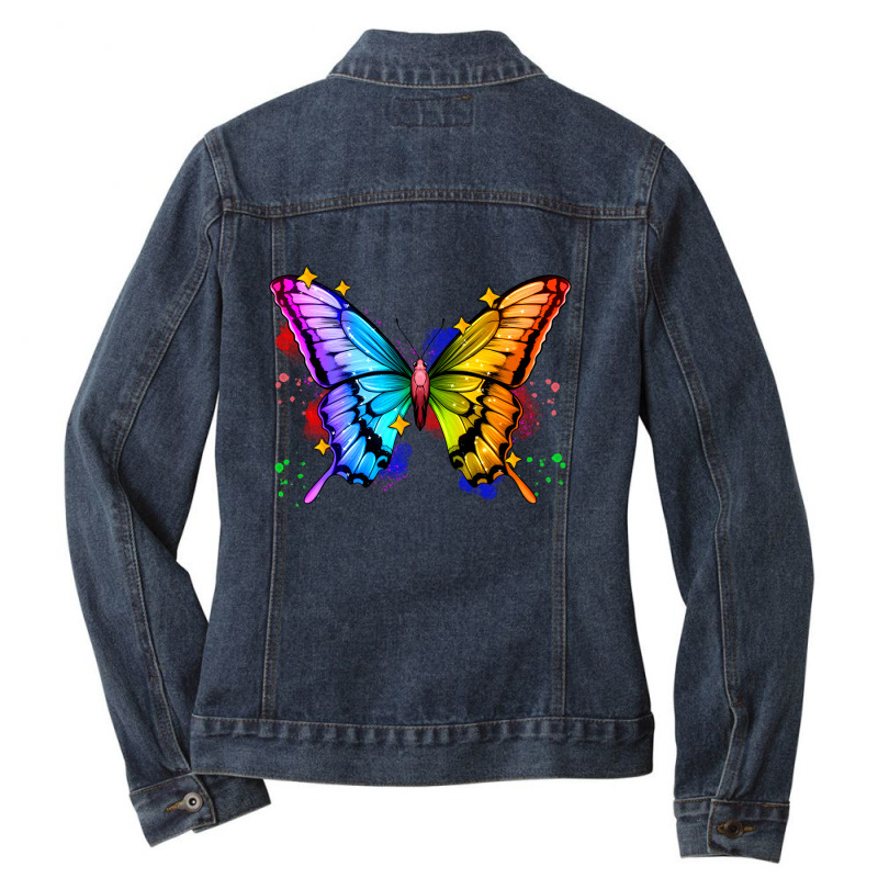 Rainbow Butterfly Ladies Denim Jacket by Zillion Design Studio | Artistshot