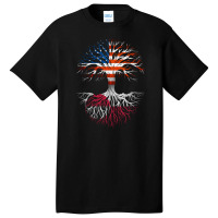 American Grown Greenlandic Roots Tree Greenland Flag Usa Flag Basic T-shirt | Artistshot