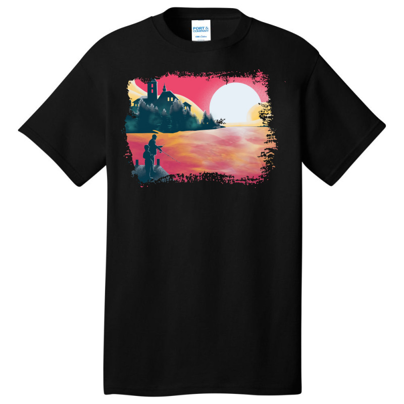 Sunset And Fishing View Landscape Blue Basic T-shirt by orriabijli6 | Artistshot