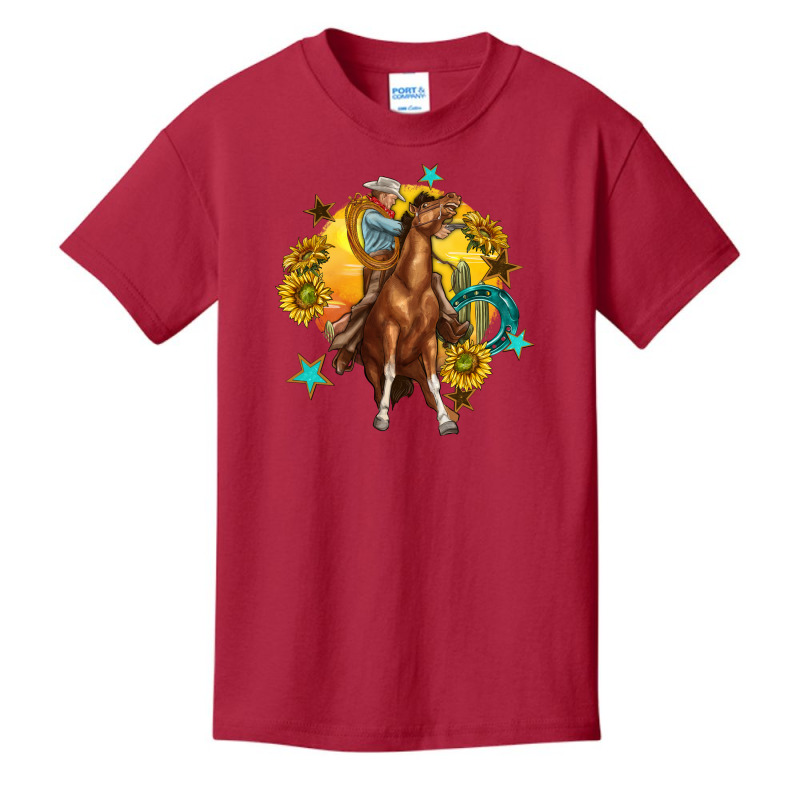 Bucking Horse With Cowboy And Sunflower Basic Youth T-shirt by enoddigitalart@gmail.com | Artistshot