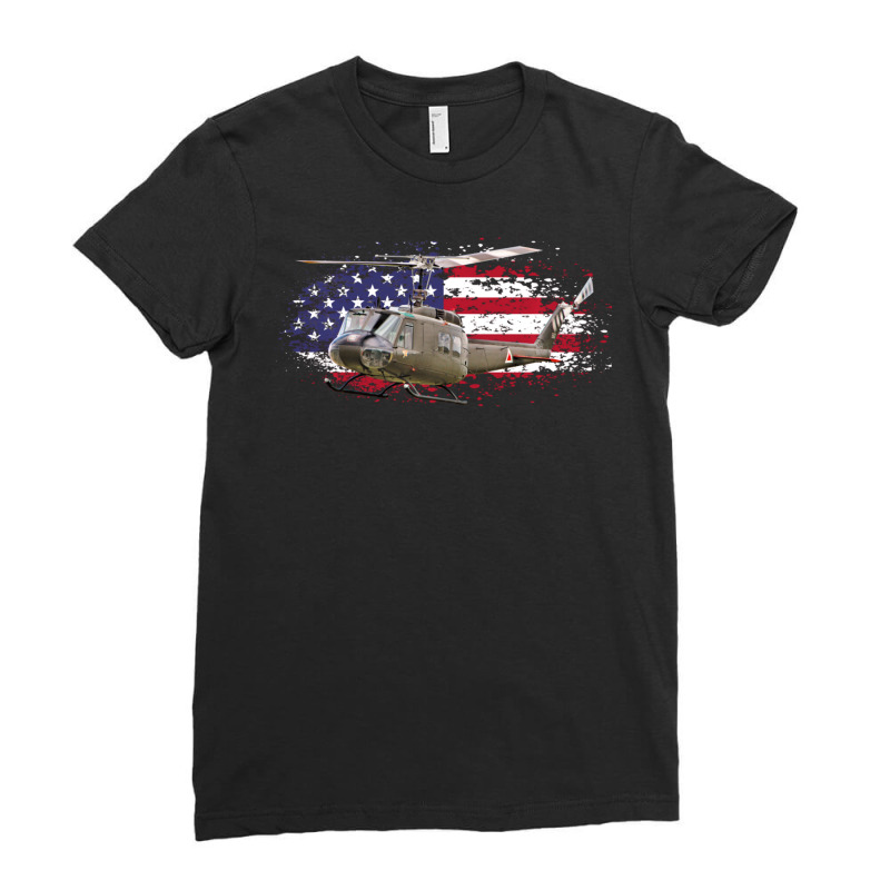 Uh 1 Huey Helicopter American Flag Usa Ladies Fitted T-Shirt by declangreenwood | Artistshot