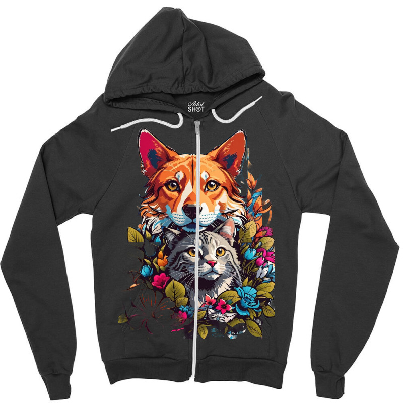 Cat And Dog In Flowers Zipper Hoodie | Artistshot