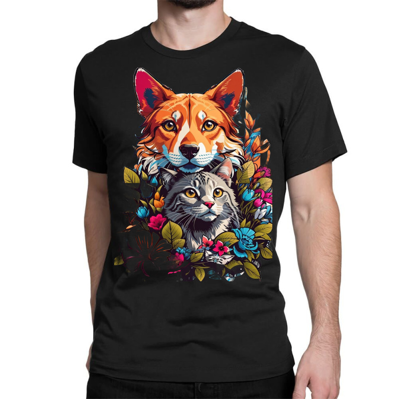 Cat And Dog In Flowers Classic T-shirt | Artistshot