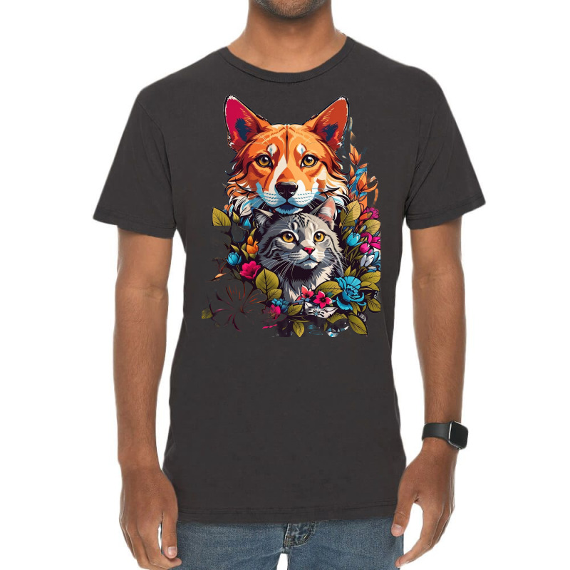 Cat And Dog In Flowers Vintage T-shirt | Artistshot