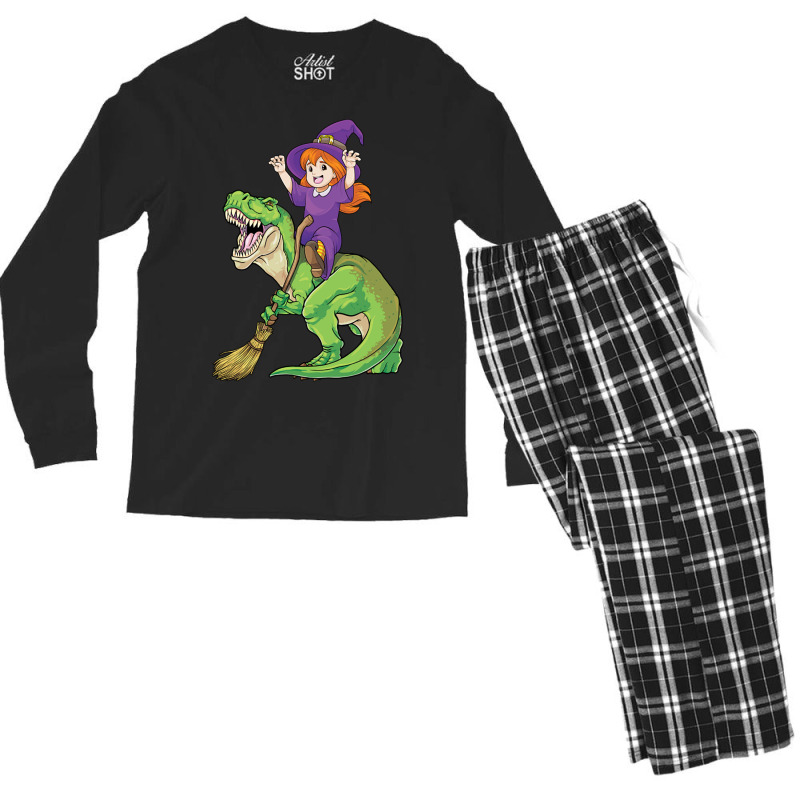 Witch Riding T Rex Dinosaur Spooky Halloween Costu Men's Long Sleeve Pajama Set | Artistshot