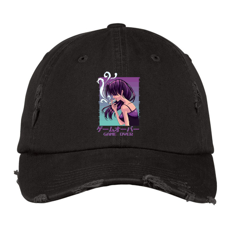 Japanese Vaporwave Sad Anime Girl Game Over Aesthe Vintage Cap | Artistshot