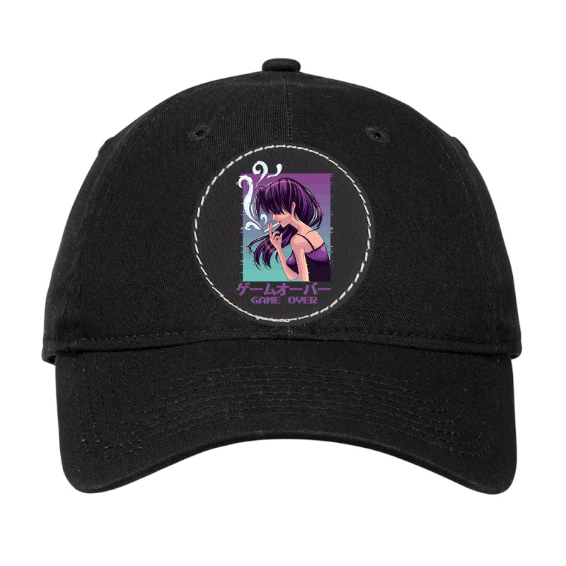 Japanese Vaporwave Sad Anime Girl Game Over Aesthe Adjustable Cap - Leatherette Patch | Artistshot