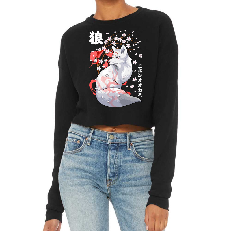 Floral Japanese Wolf Japan Art Otaku Cherry Blosso Cropped Sweater by Ziz | Artistshot