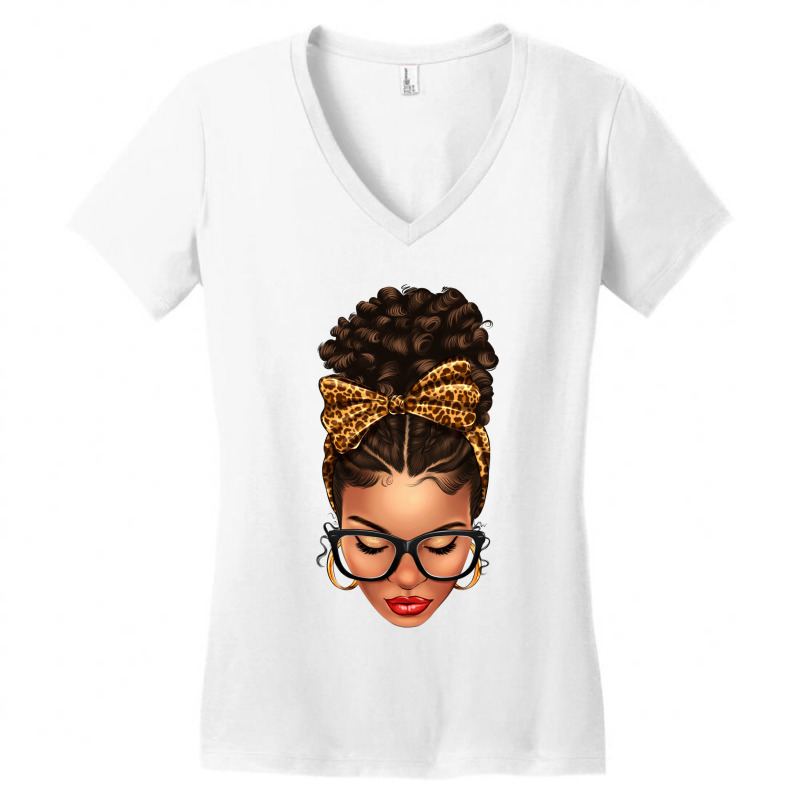 Light Skin Afro Messy Bun Leopard Bow Women's V-neck T-shirt | Artistshot