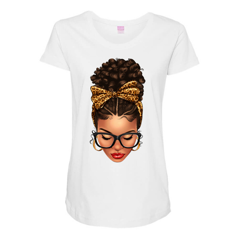 Light Skin Afro Messy Bun Leopard Bow Maternity Scoop Neck T-shirt | Artistshot