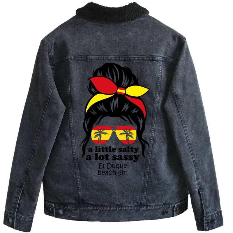 A Lot Sassy Beach Girl  El Duque Beach, Spain Unisex Sherpa-lined Denim Jacket | Artistshot