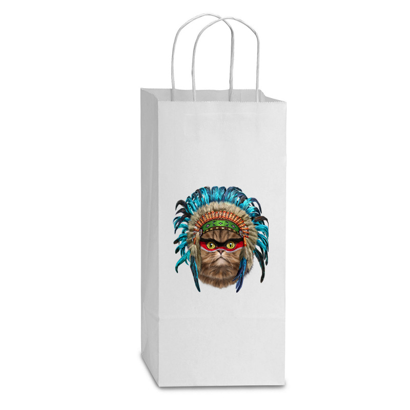 Fluffy Persian Cat Wearing Native American Indian Headdress Double Wine Paper Bag - 6 1/2 X 3 1/2 X 12 3/8 | Artistshot