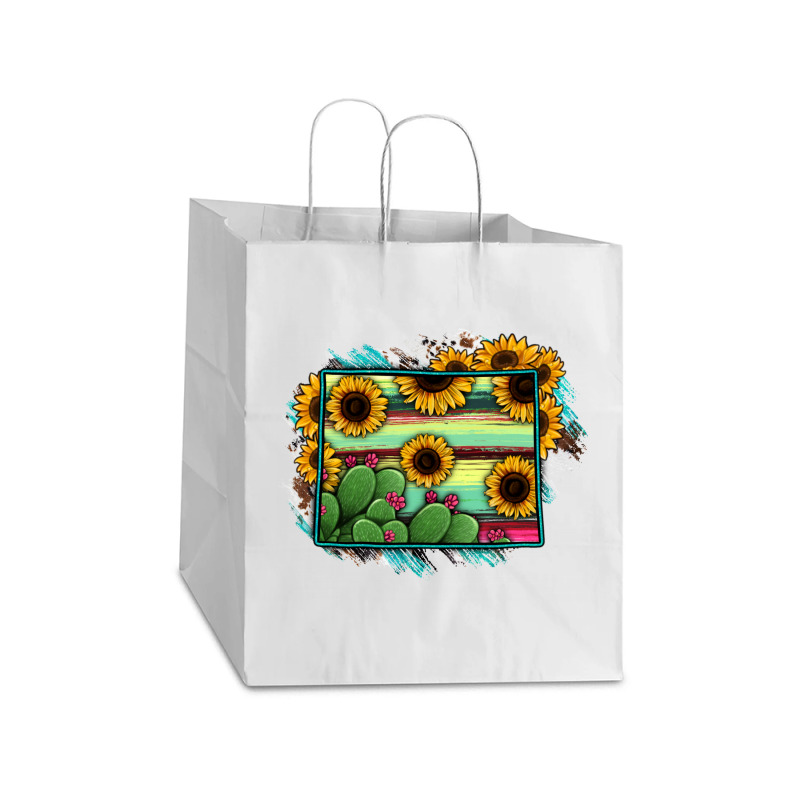 Wyoming Map Sunflower Cactus Serape Take Out Paper Bag - 14 X 10 X 15 1/2 | Artistshot