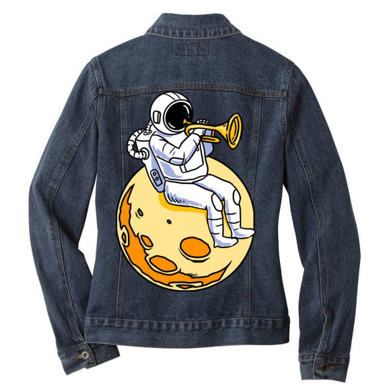 Astronaut Playing Trumpet For Trumpet Player Ladies Denim Jacket by queerappear | Artistshot