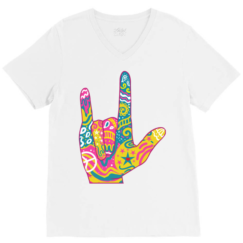 American Sign Language I Love You For Deaf Awarene V-Neck Tee by queerappear | Artistshot