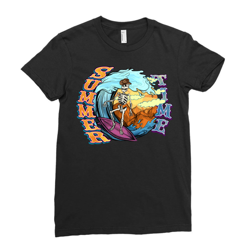 Summer Time Skeleton Surfing Ladies Fitted T-Shirt by NancyCooperArtShop | Artistshot