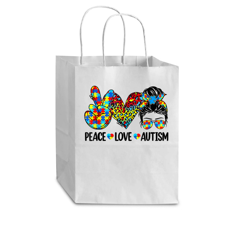 Peace Love Autism Mom Life Messy Bun Blue Autism Awareness T Shirt Cub Paper Bag - 8 X 4 1/2 X 10 1/4 | Artistshot