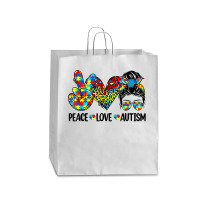 Peace Love Autism Mom Life Messy Bun Blue Autism Awareness T Shirt Queen Paper Bag - 16 X 6 X 19 1/4 | Artistshot