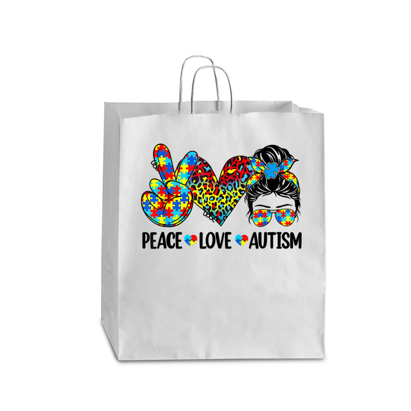 Peace Love Autism Mom Life Messy Bun Blue Autism Awareness T Shirt Queen Paper Bag - 16 X 6 X 19 1/4 | Artistshot