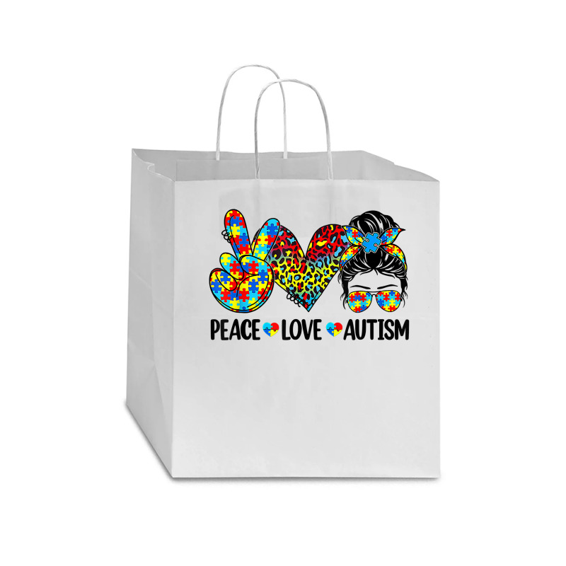 Peace Love Autism Mom Life Messy Bun Blue Autism Awareness T Shirt Star Paper Bag - 13 X 7 X 13 | Artistshot